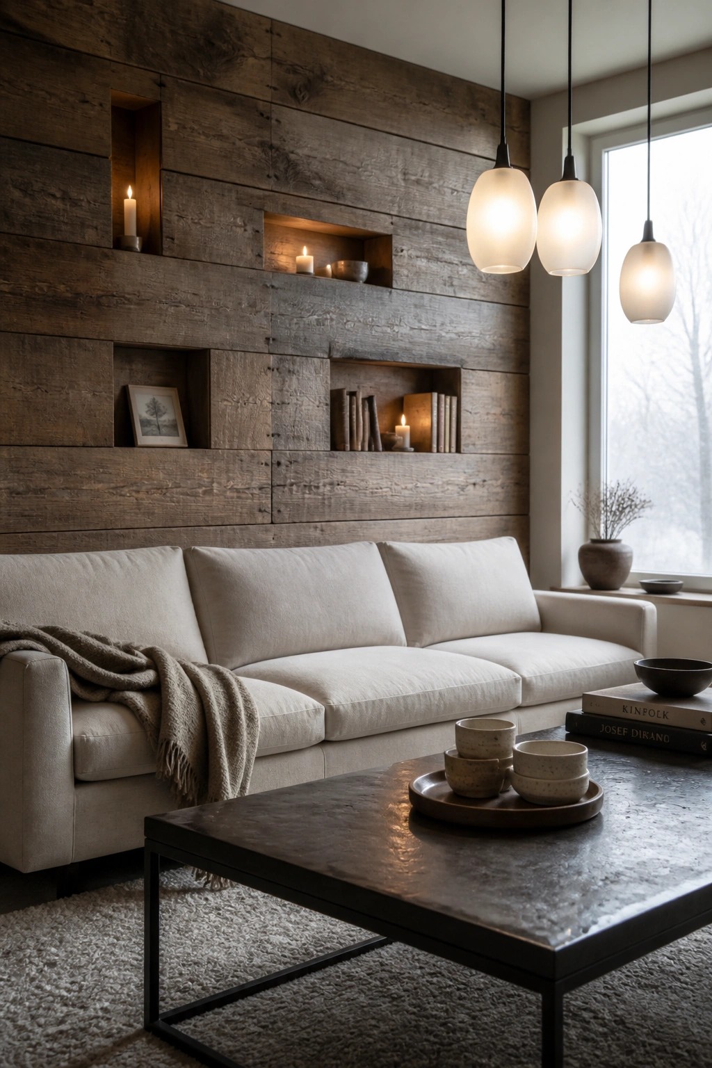 A living room with a dark wood plank accent wall containing several recessed niches holding candles, books, and a small framed picture, next to a light sofa and dark coffee table.