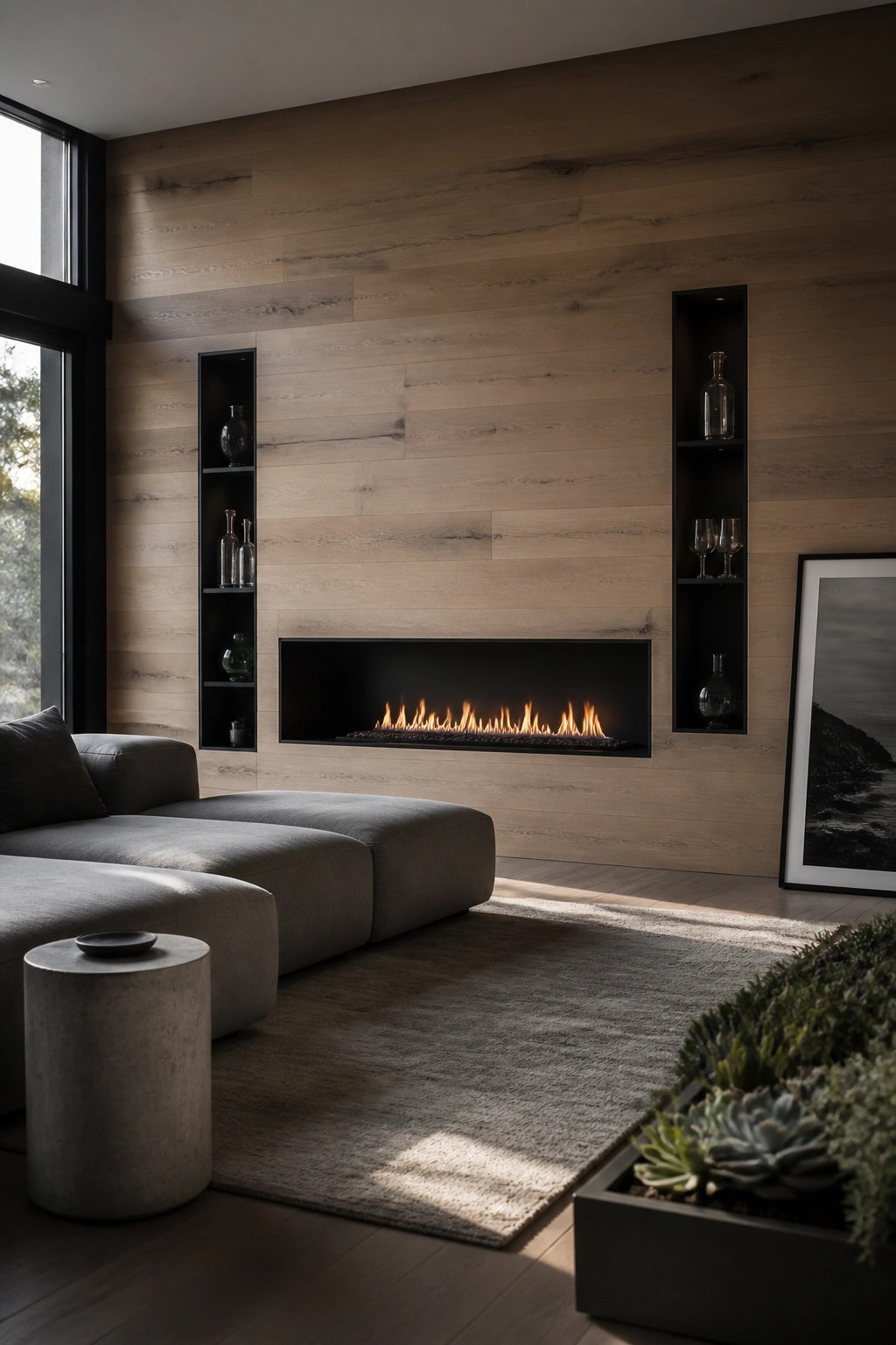 A modern living room featuring a full-height horizontal wood paneled wall with a centered linear fireplace and tall built-in shelves on both sides.