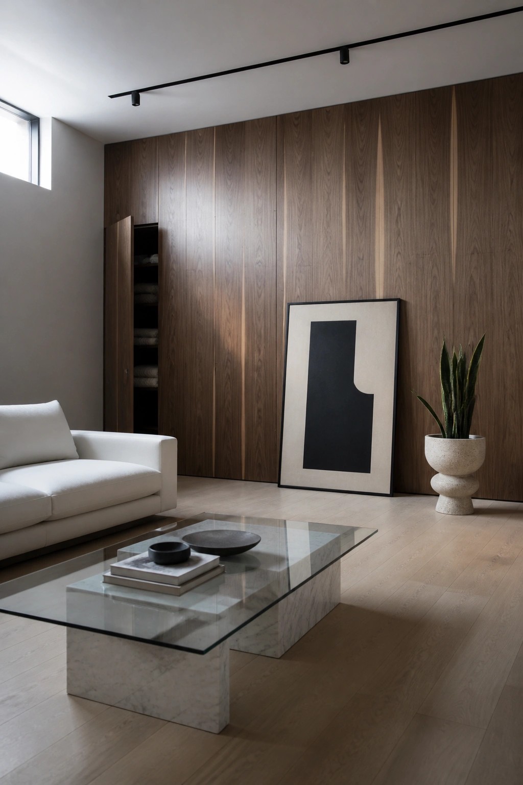 A modern living room featuring a full-height vertical wood paneled wall with an open cabinet section, a white sofa, a marble coffee table, and a large abstract artwork leaning against the wood.