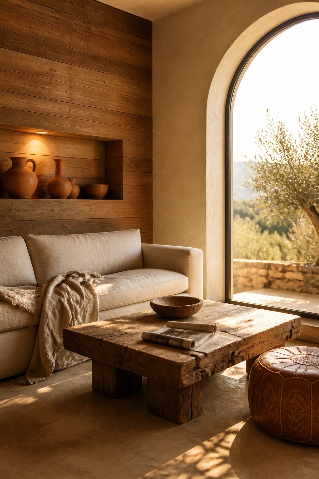 A living room featuring a vertical wood plank accent wall with a recessed niche holding terracotta pottery, a light-colored sofa, and a rustic wooden coffee table next to a large arched window.