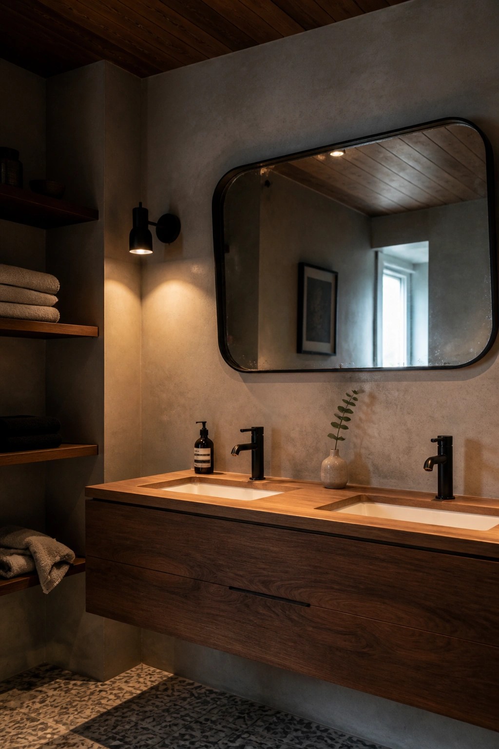 Double wooden vanity with black faucets, sinks, large mirror on concrete wall