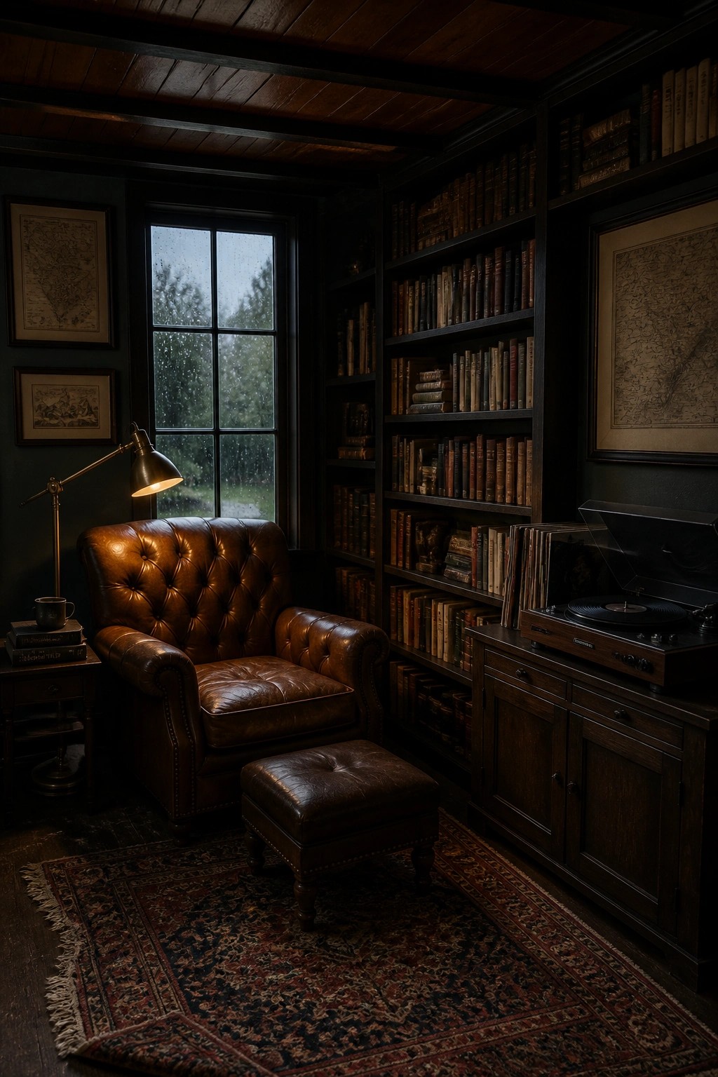 A cozy library interior featuring a dark stained wood ceiling, built-in bookshelves, a brown leather armchair with ottoman, and a window with a view of trees.