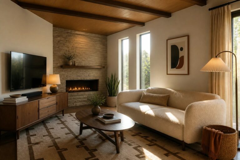Cozy living room with cream sofa, wooden coffee table, stone fireplace, and patterned rug