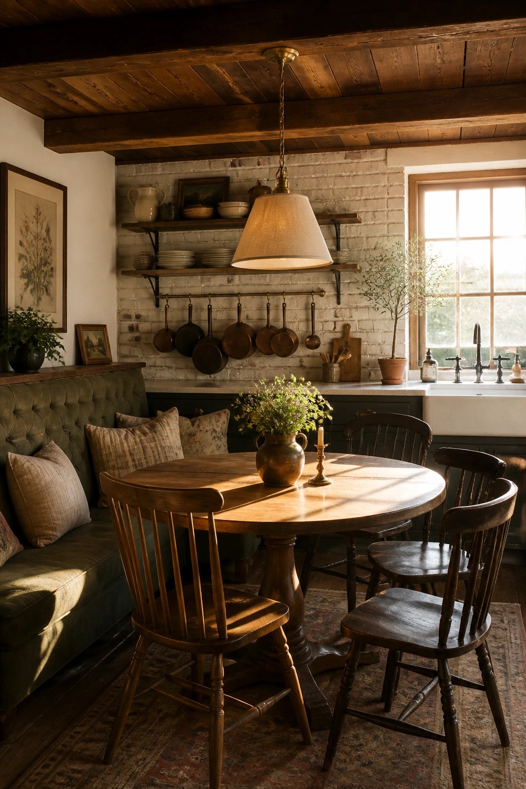 A round wooden dining table with spindle chairs sits beneath a stained wood ceiling with exposed beams in a room with white brick walls and a green upholstered bench.