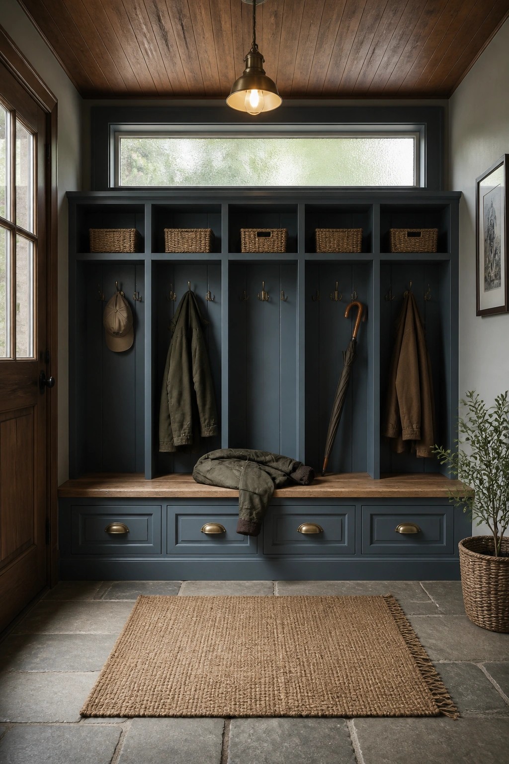 A mudroom with a dark blue built-in storage bench and cubbies beneath a stained wood plank ceiling, a transom window above, and a woven rug on the stone floor.