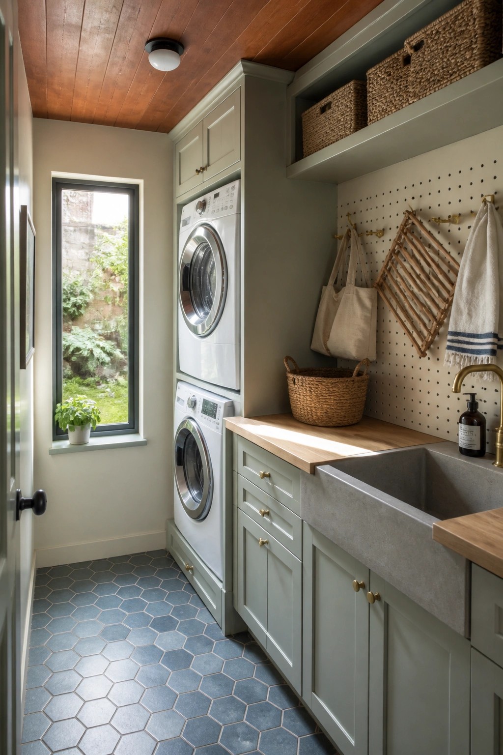 A laundry room with a warm stained wood ceiling, sage green cabinets, white stacked washer and dryer, a concrete sink, and blue hexagonal floor tiles.