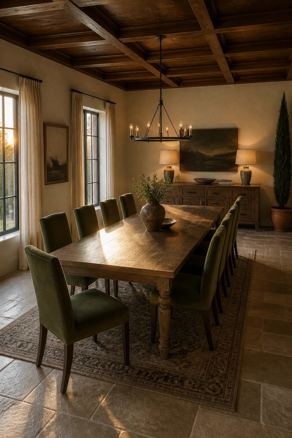 A dining room with a dark stained wood beamed ceiling, long wooden table, green upholstered chairs, and a chandelier above the table.