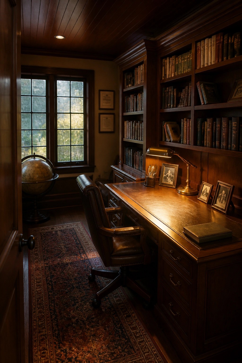 Interior view of a wood-paneled home office with dark stained ceiling, built-in bookshelves, large desk, and leather chair.