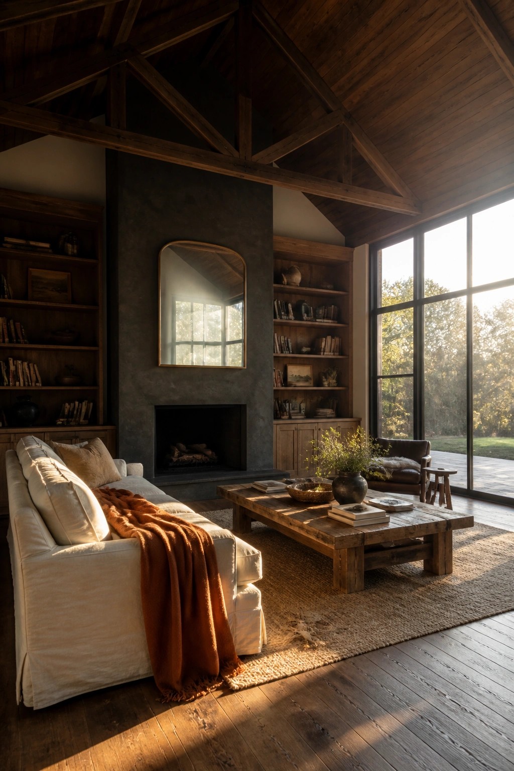 Interior of a living room with a vaulted wood ceiling, exposed beams, a stone fireplace, and a white sofa on a large rug.