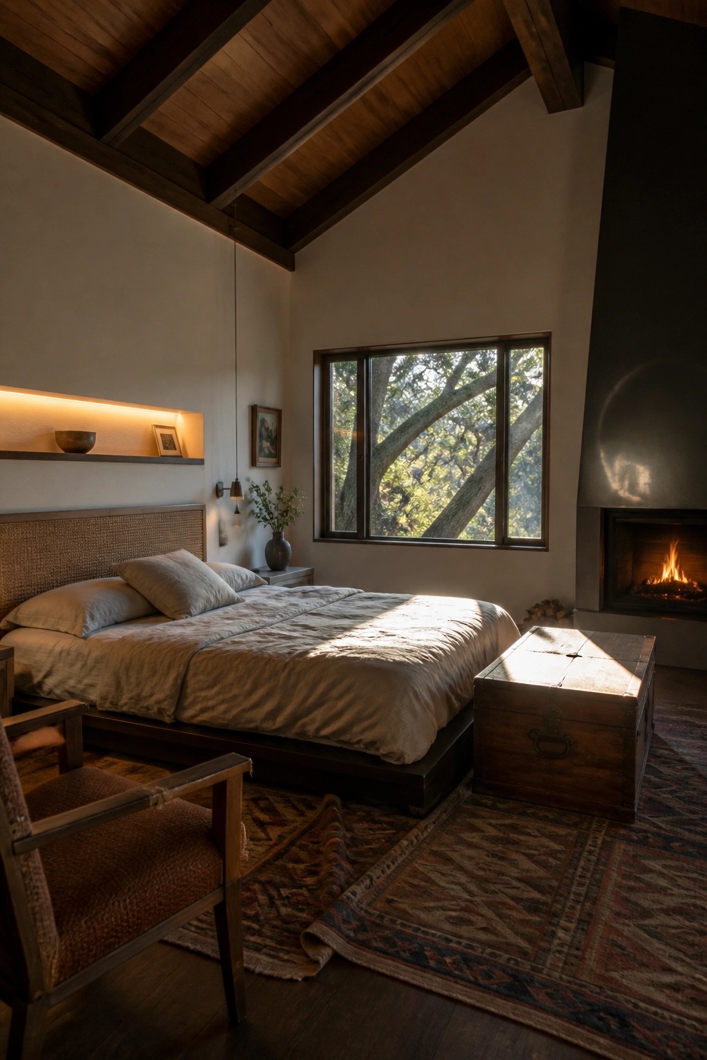 A bedroom interior with a vaulted ceiling of dark stained wood beams, a bed with neutral linens, a fireplace on the right wall, and a large window overlooking trees.