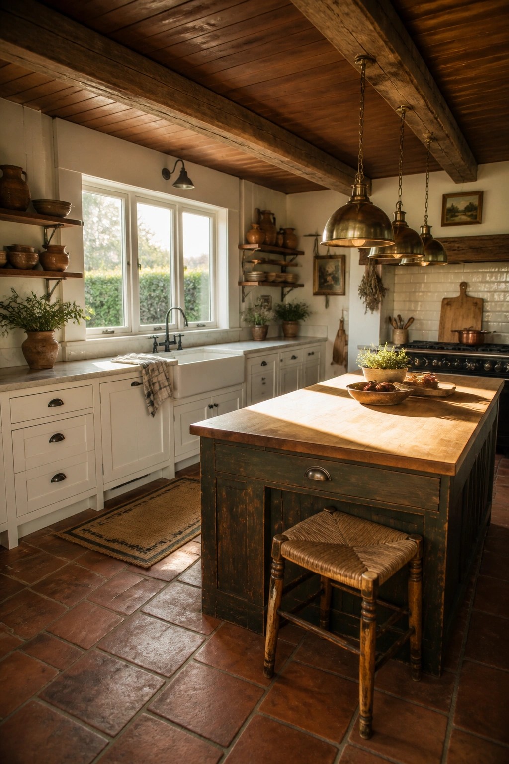 A rustic kitchen with white cabinets, a dark wood island, terracotta floor tiles, and exposed warm-stained wood ceiling beams with hanging brass lights.