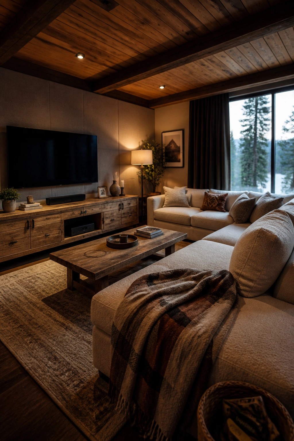 A living room featuring a warm stained wood ceiling with exposed beams, a large sectional sofa, wooden coffee table, and wall-mounted television.