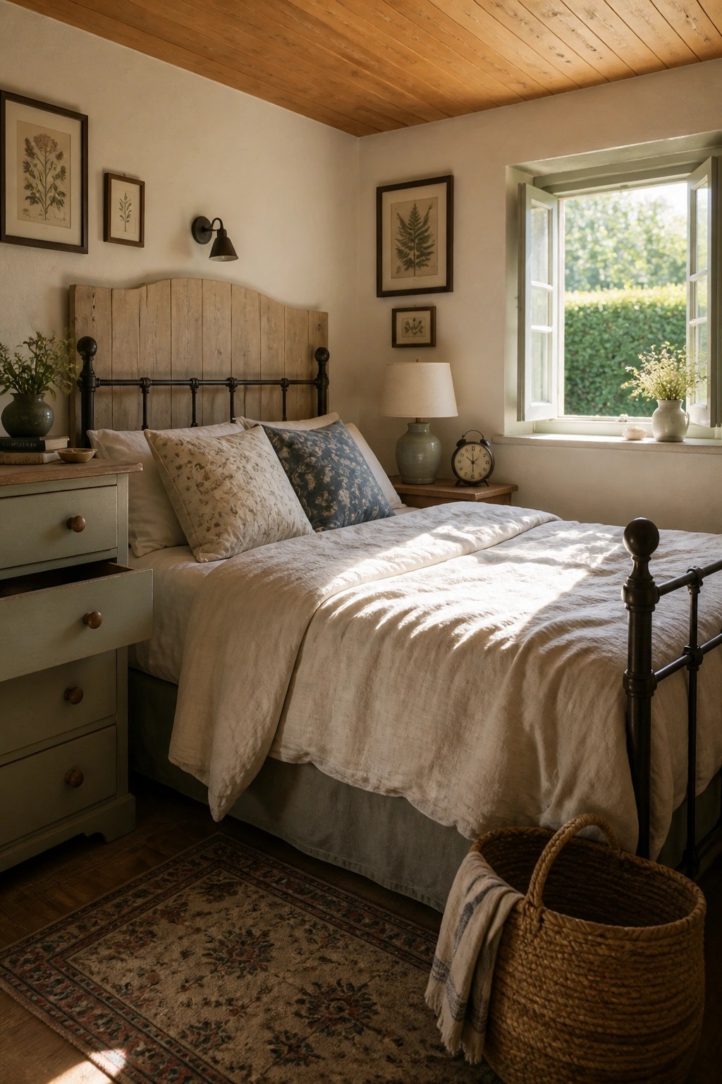 A bedroom with a stained wood plank ceiling, a bed with white and patterned linens, a wooden headboard, and an open window with natural light.