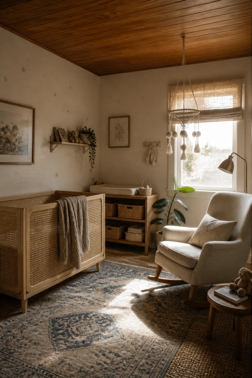 A nursery interior with a warm stained wood ceiling, light walls, a wooden crib with cane panels, a rocking chair, and sunlight through a window with a woven shade.