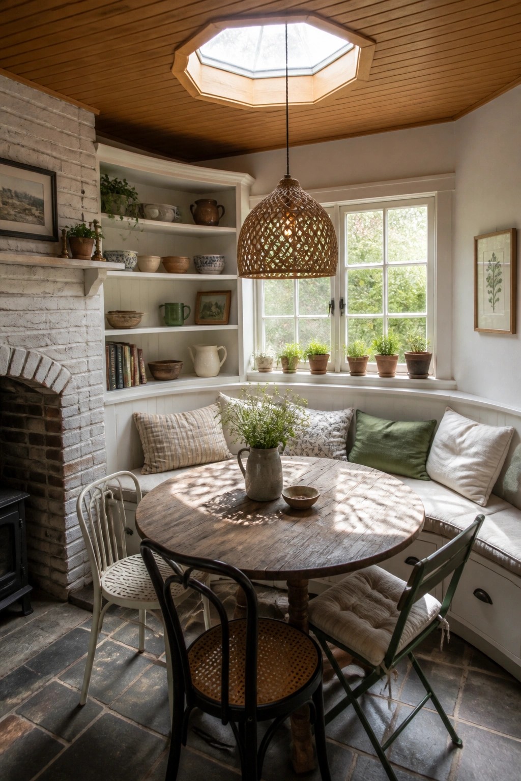 A bright interior room with a warm stained wood ceiling, octagonal skylight, round wooden table, and built-in white seating along the windows.