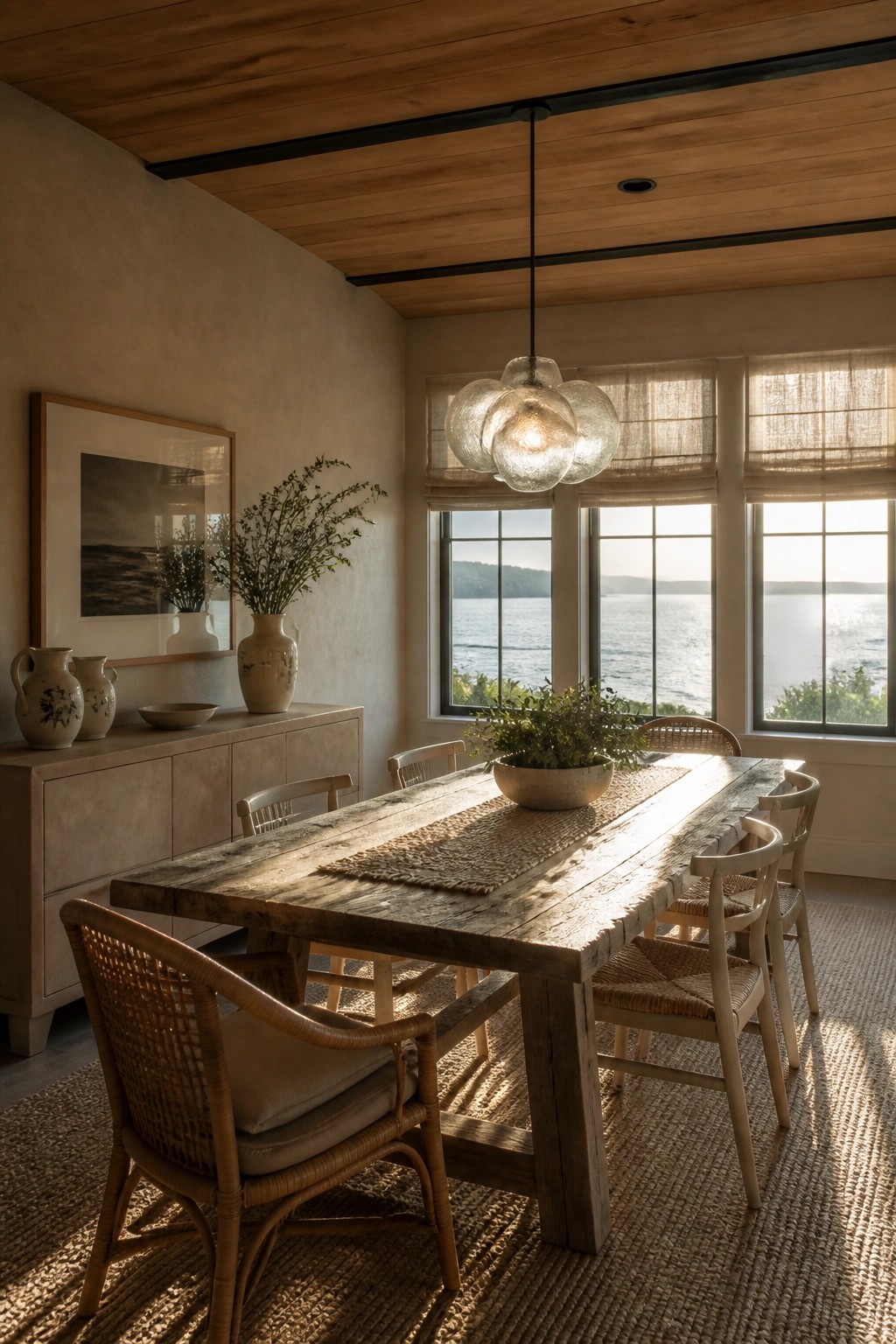 A dining room with a long wooden table, mixed chairs, a sideboard, and a warm stained wood plank ceiling with black beams.
