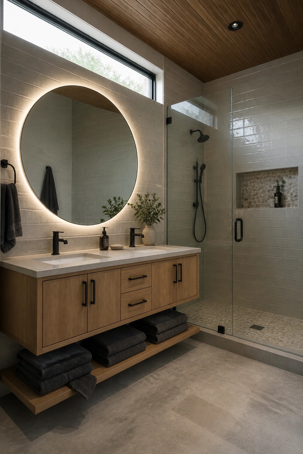 A bathroom interior showing a warm stained wood plank ceiling above a floating wood vanity, round backlit mirror, and glass shower.