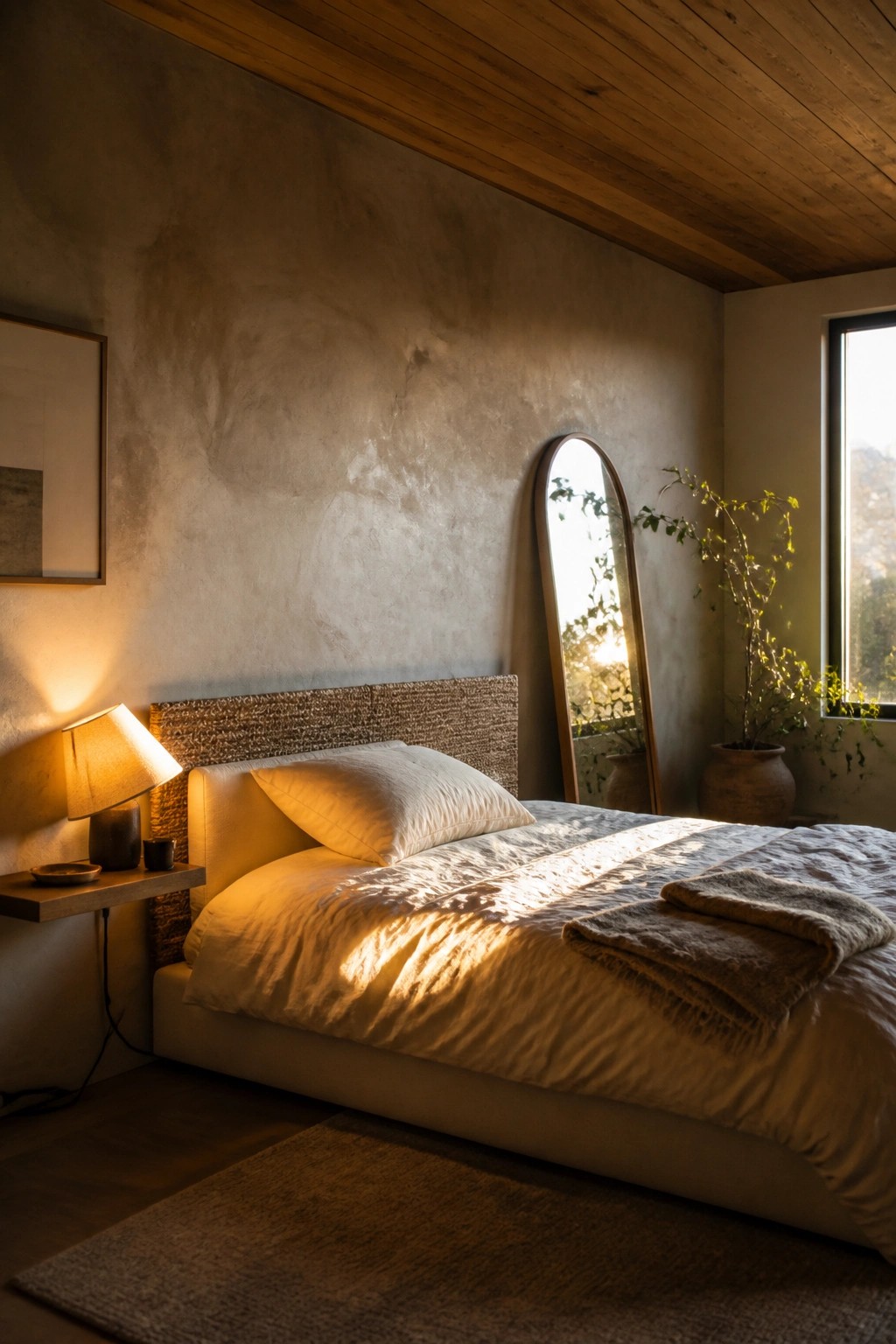 A bedroom with a stained wood ceiling, white bedding on the bed, a tall arched mirror, and natural light from a window.