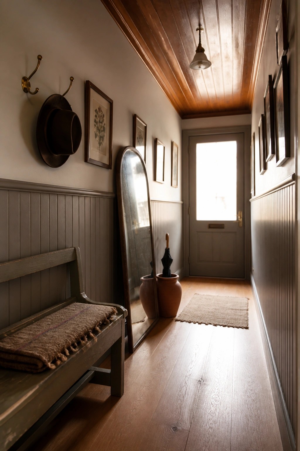 A narrow interior hallway with a stained wood ceiling, gray wainscoting, a wooden bench, a standing mirror, and a door at the far end.