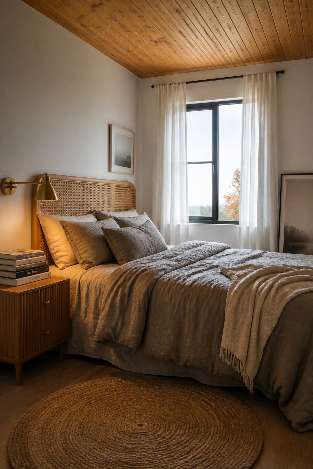A bedroom featuring a warm-stained wood plank ceiling, a bed with neutral linens, a woven rug, and a window with white curtains.