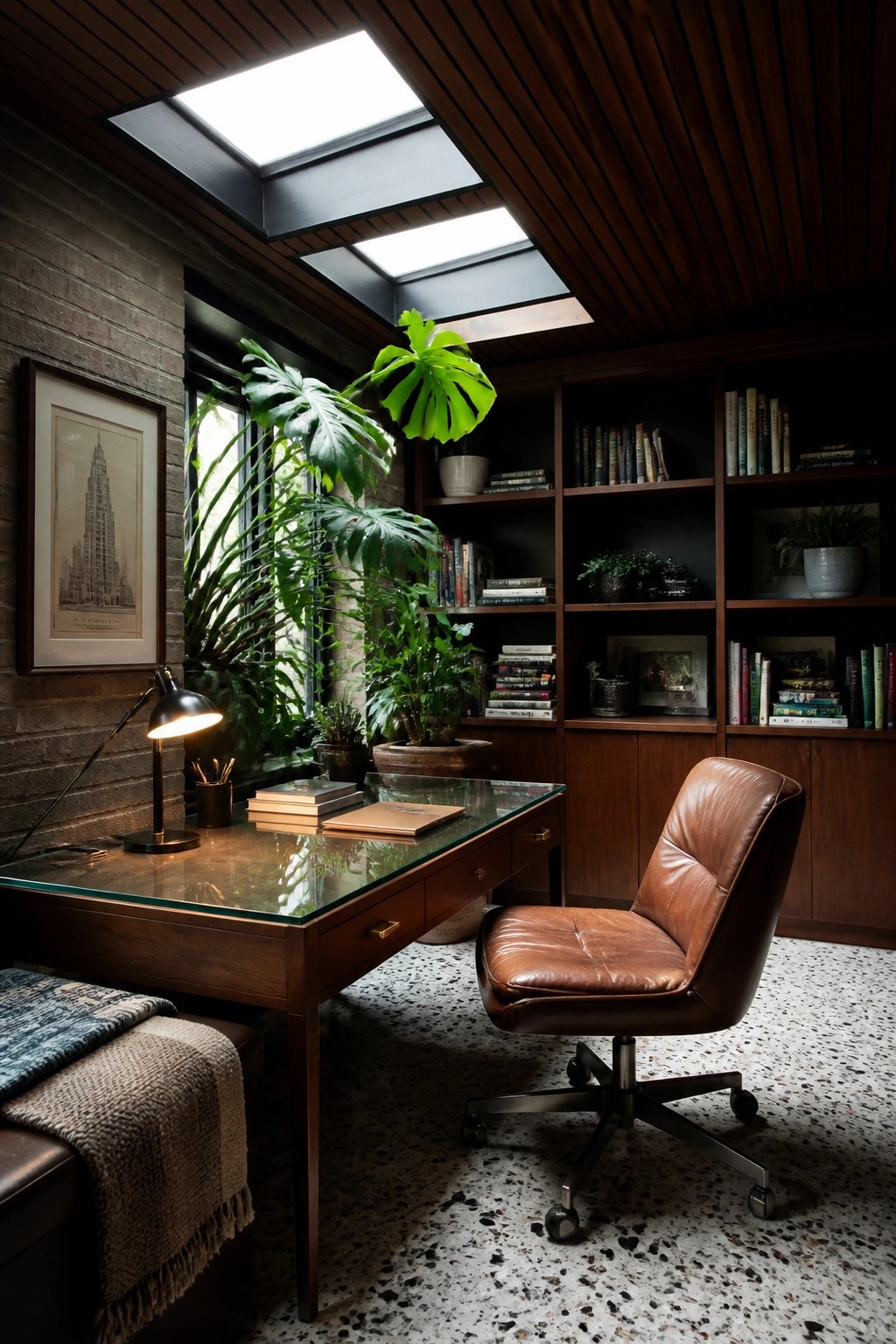 A home office with a dark-stained wood slatted ceiling, multiple skylights, a glass desk, brown leather swivel chair, and built-in bookshelves.