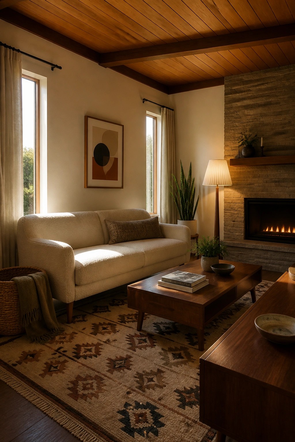 Cozy living room with cream sofa, wooden coffee table, stone fireplace, and patterned rug