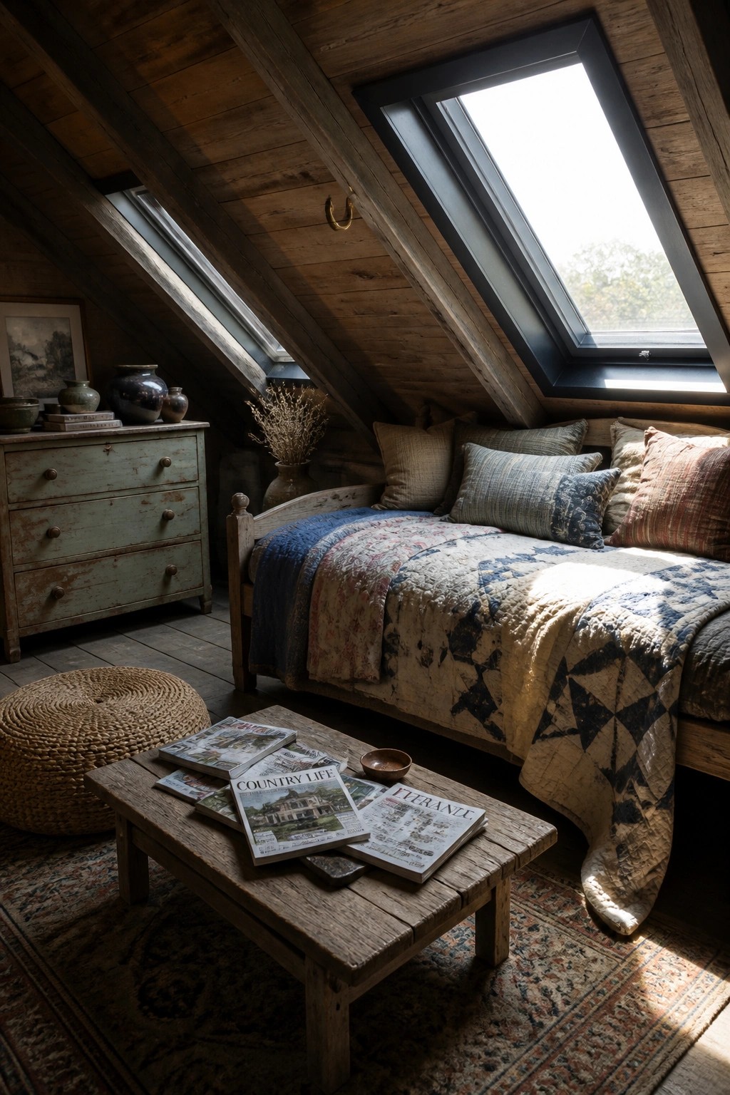 An attic bedroom featuring a sloped wood plank ceiling with visible beams, a bed positioned under a skylight, and a distressed dresser on the left side.