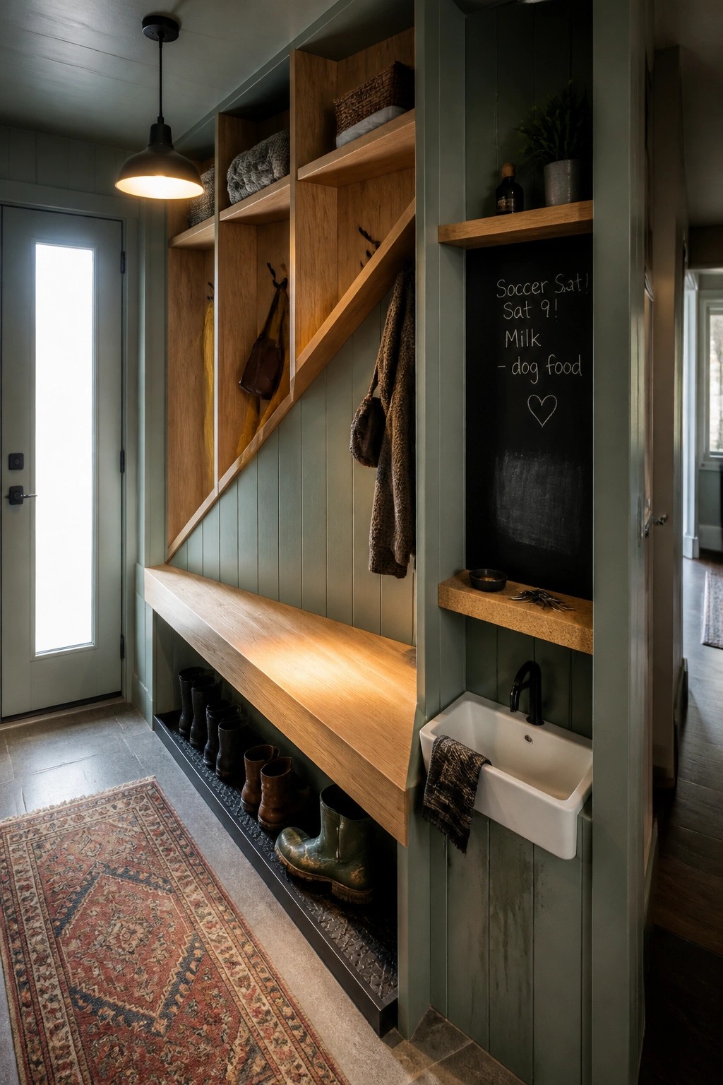 An interior mudroom shows green paneled walls with angled wooden built-in shelves, a long wooden bench, boot storage below, a small sink, and a chalkboard.