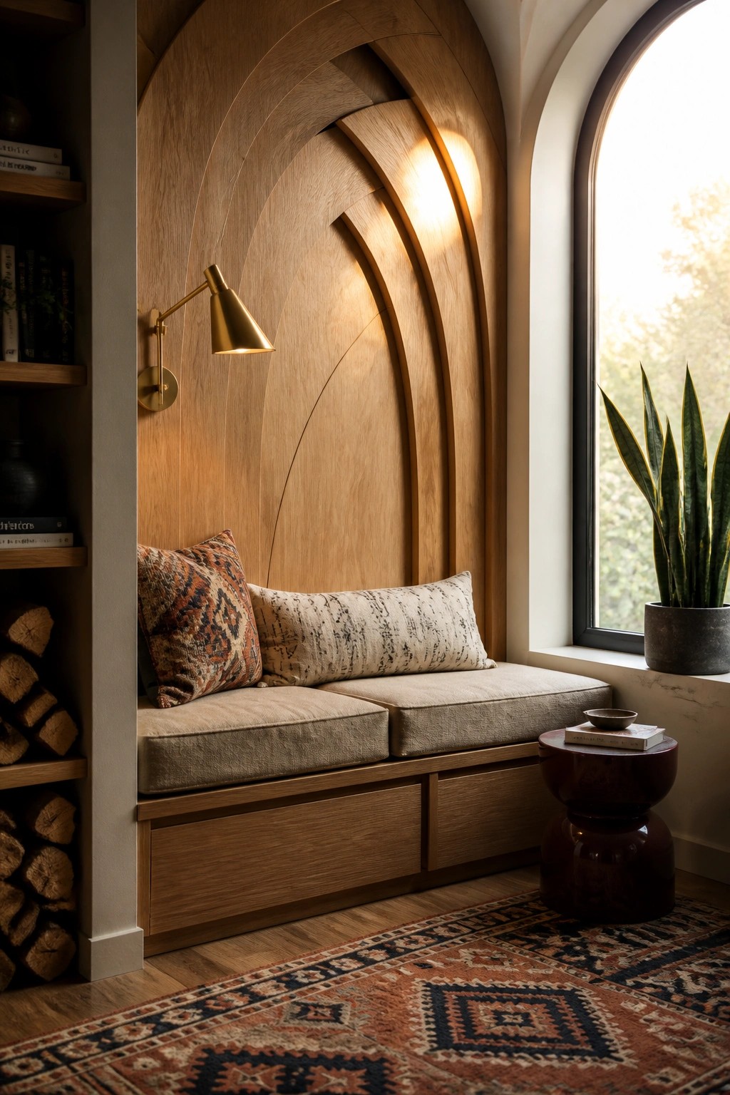 A built-in wooden bench with cushions sits beneath a wall of curved wood arches next to a large window.