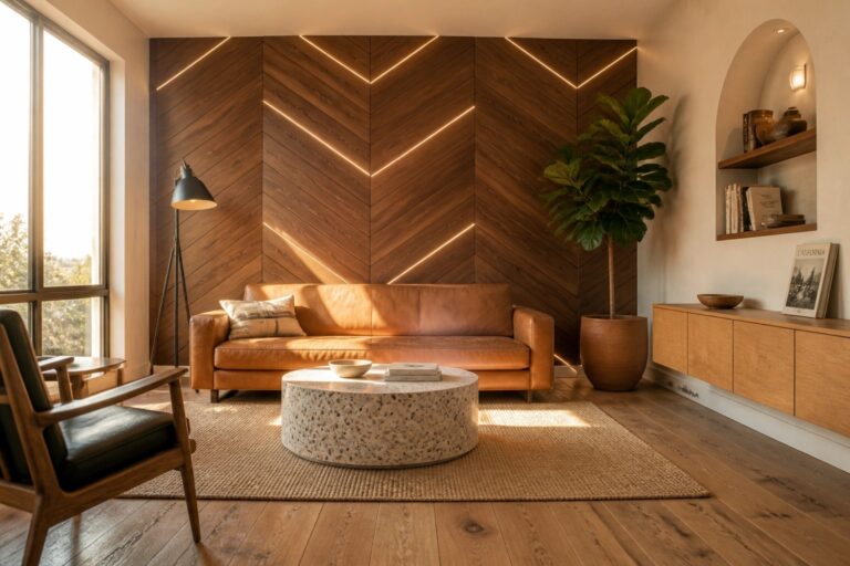 23 Bold Geometric Wood Wall Designs That Add Architectural Interest A living room with a large chevron-patterned wood accent wall lit by integrated linear lights, a brown leather sofa, round stone coffee table, and potted plant on hardwood flooring.