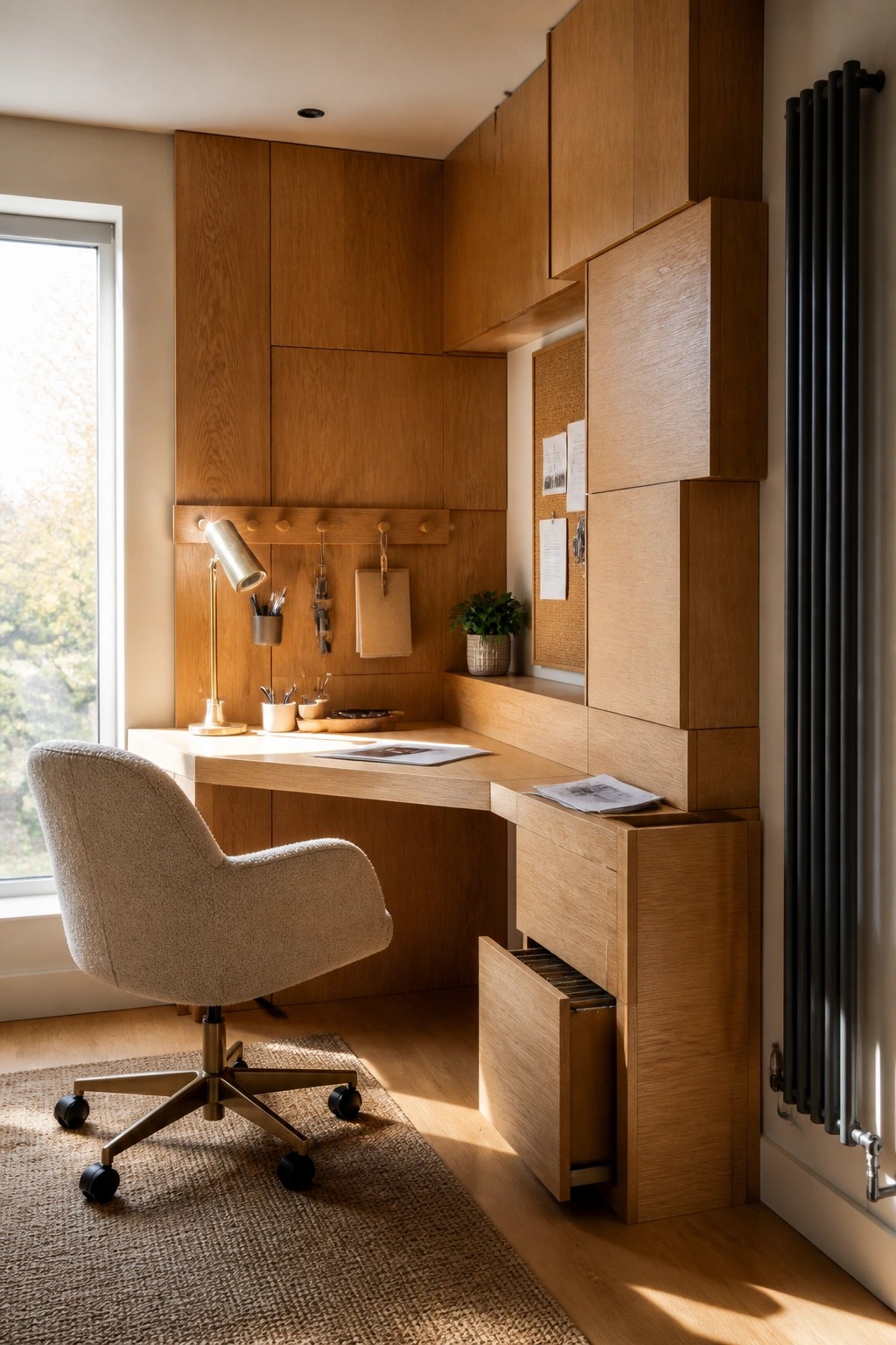 A light wood built-in desk and geometric wall cabinet system in a home office, with a beige swivel chair on a woven rug and a window to the left.
