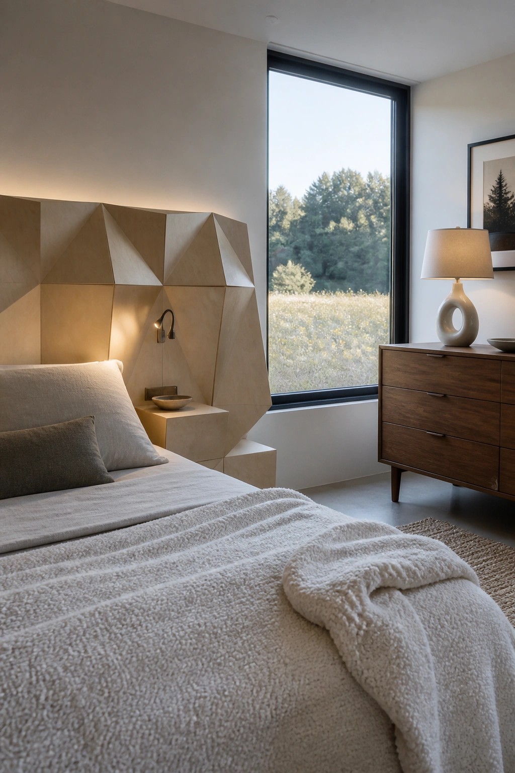 A bedroom with a large geometric wood headboard wall made of angled beige panels, a bed with white bedding, a wooden dresser, and a large window overlooking a field.