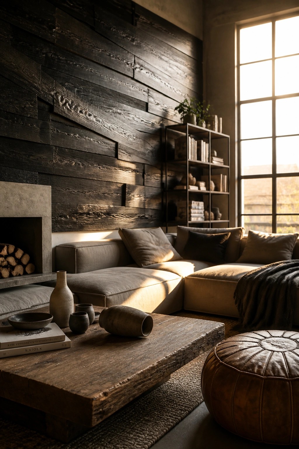 A living room featuring an accent wall of dark geometric wood planks in an irregular layered pattern, with a gray sectional sofa, wooden coffee table, and large window on the right.