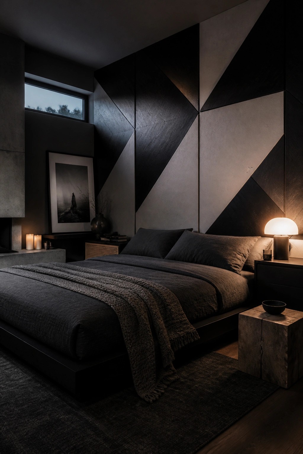 A bedroom with a large bed covered in dark gray linens positioned against a wall of angular geometric wood panels in black and gray tones, lit by a small table lamp on the right.