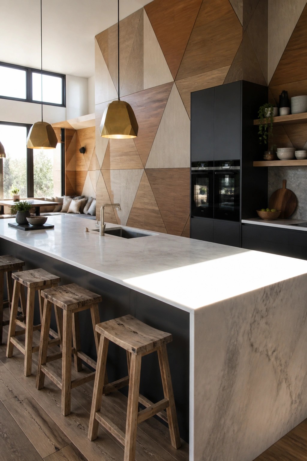Modern kitchen with marble island, wooden stools, geometric wood wall, and gold pendants.