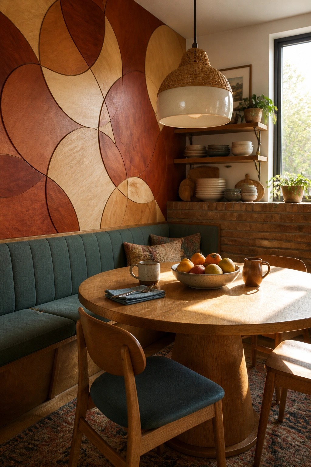 A dining nook featuring a round wooden table, teal upholstered bench and chairs, and a large wall covered in overlapping geometric wood shapes in warm brown tones.
