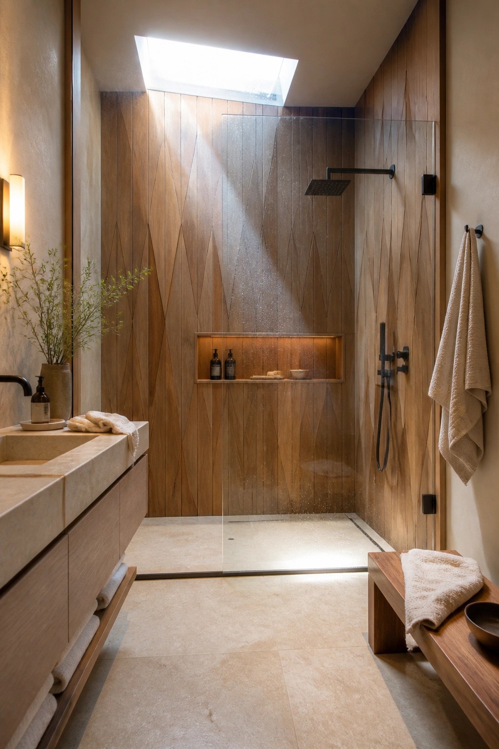 A bathroom shower area with geometric patterned wood walls, a glass enclosure, built-in niche, skylight above, and stone vanity to the left.