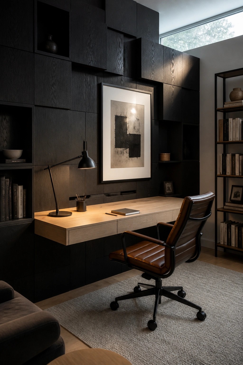 Modern office with floating light wood desk, brown leather chair, and dark paneled wall.