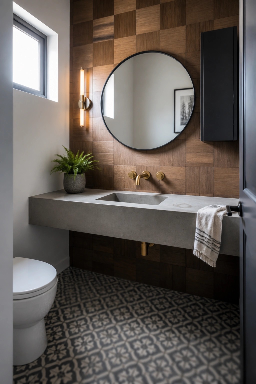 A bathroom with a geometric wood tile accent wall above a floating concrete sink, round mirror, and brass faucet.