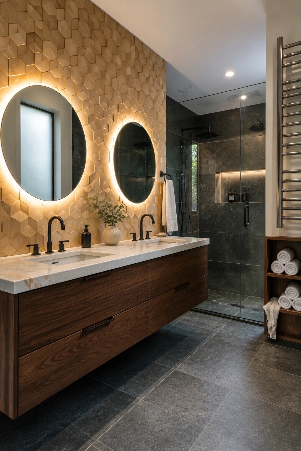 A modern bathroom featuring a geometric wood accent wall behind a floating wood vanity with two round backlit mirrors and a glass-enclosed shower.