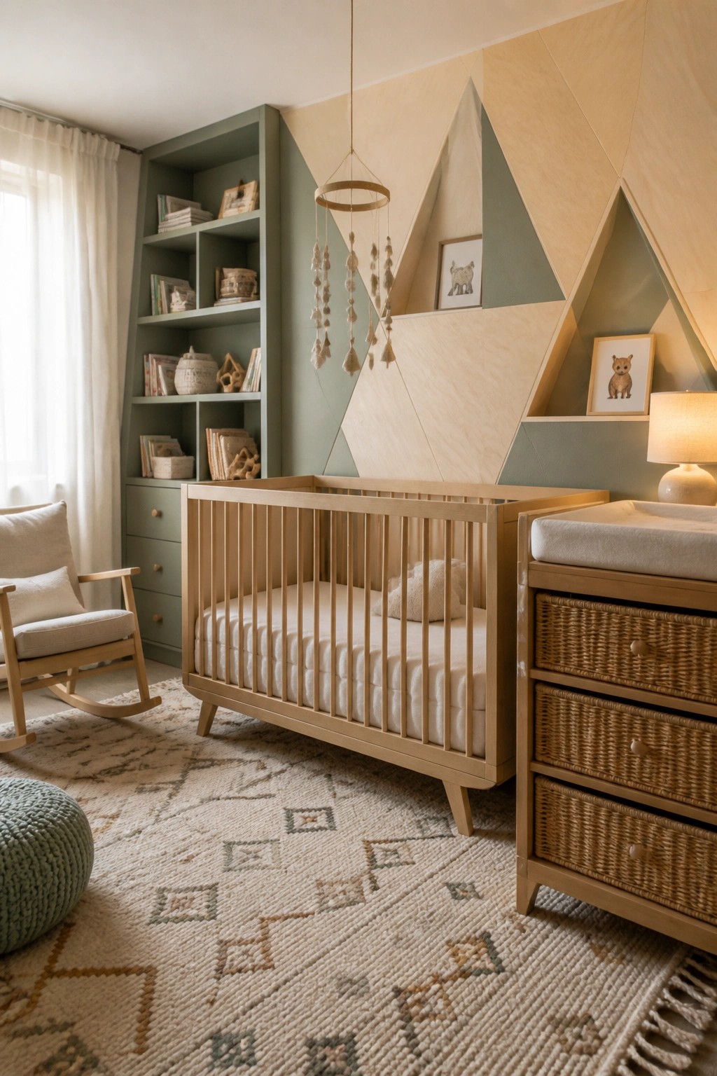 A nursery with a light wood crib, a changing table with woven baskets, a sage green built-in bookshelf, a patterned rug, and a large geometric wood accent wall in triangular shapes behind the crib.