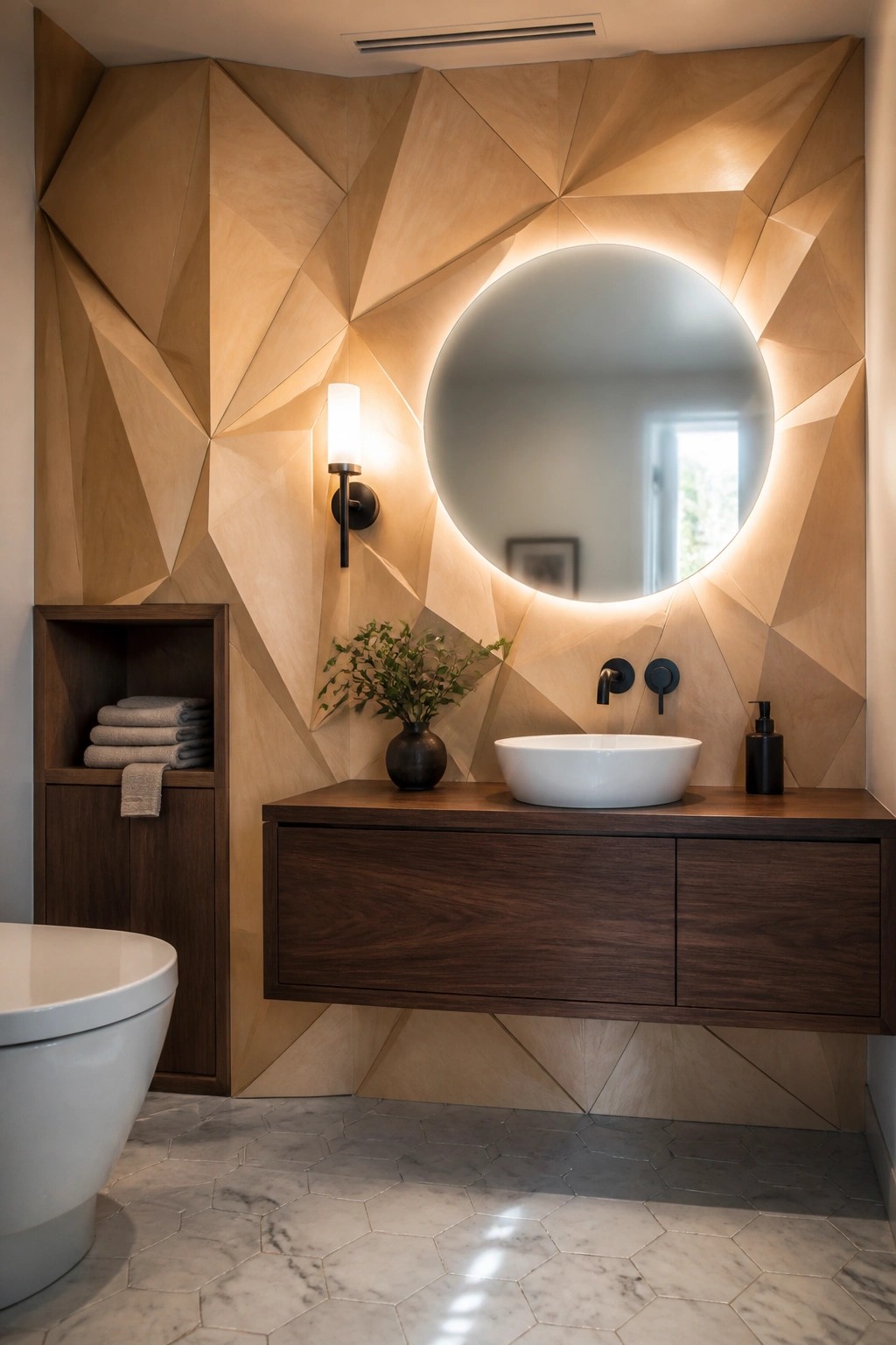 A modern bathroom with a floating wood vanity, white vessel sink, and round backlit mirror set against a light wood geometric paneled wall.