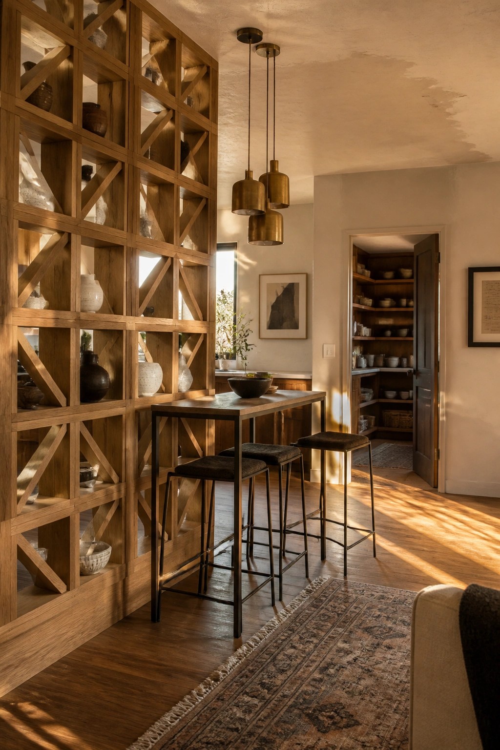 A tall wooden geometric lattice screen with shelves stands beside a high dining table with stools in a sunlit room.