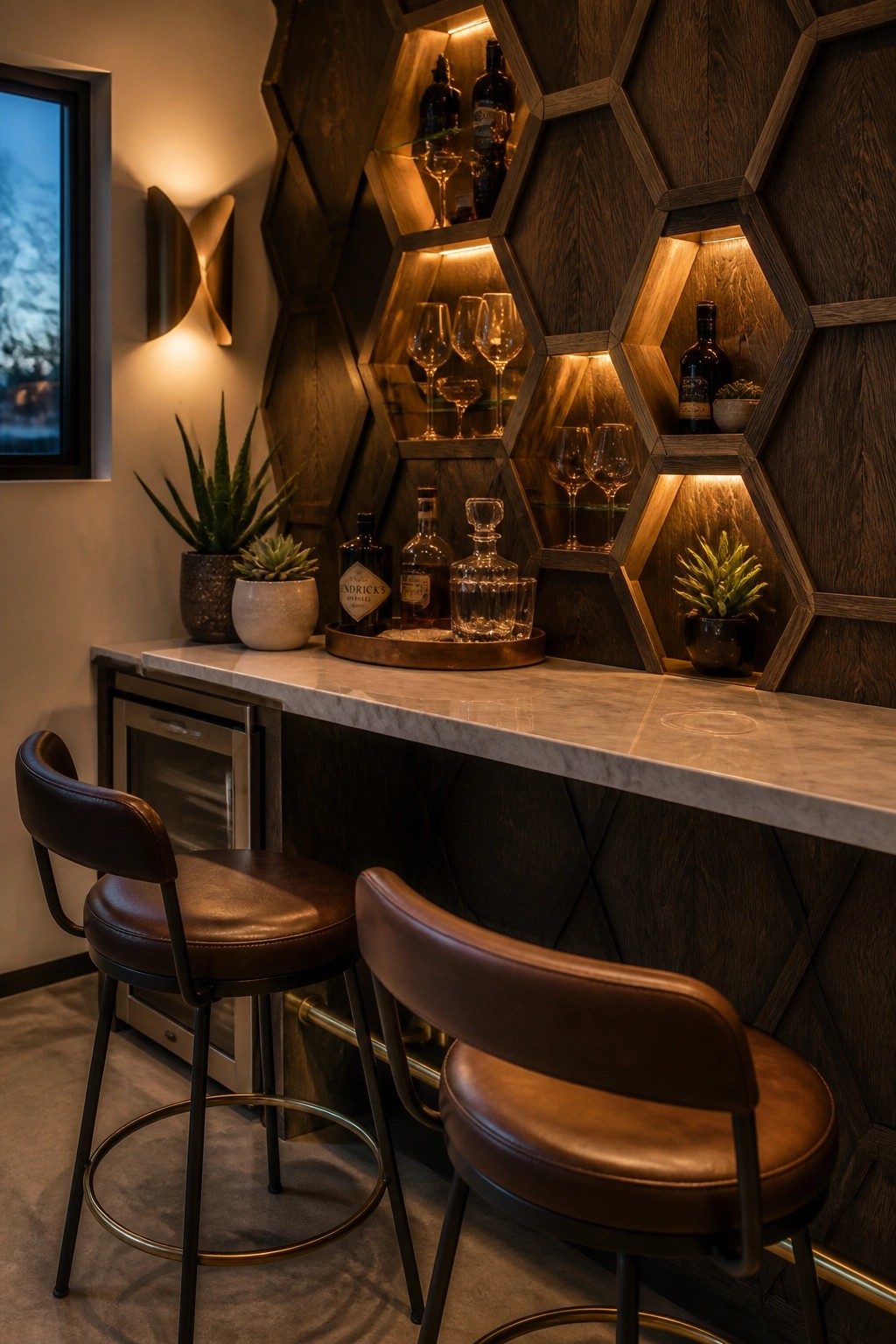 A modern home bar featuring a dark wood geometric wall with illuminated hexagonal niches holding bottles and glasses, a marble countertop, and two brown leather bar stools.