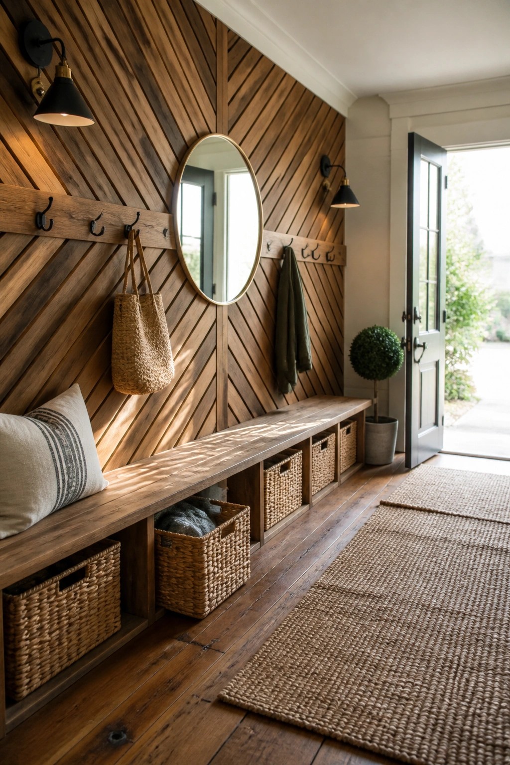 An interior entryway with a herringbone wood plank accent wall, a wooden bench with storage baskets, wall hooks, a round mirror, and an open door leading outside.