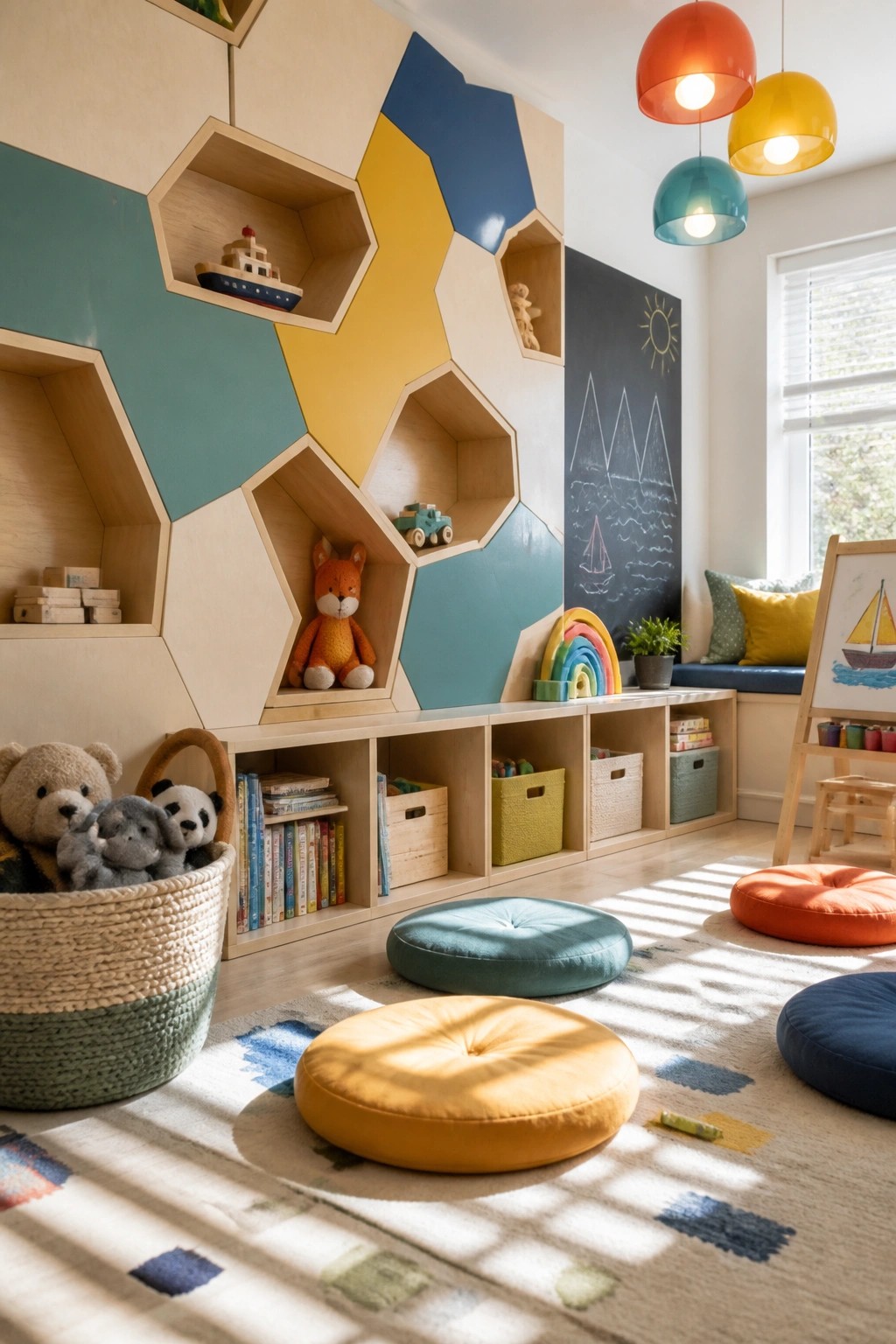 A children's playroom shows a light wood wall with colorful geometric hexagonal shelves holding toys, books, and small objects, with round floor cushions on a patterned rug.