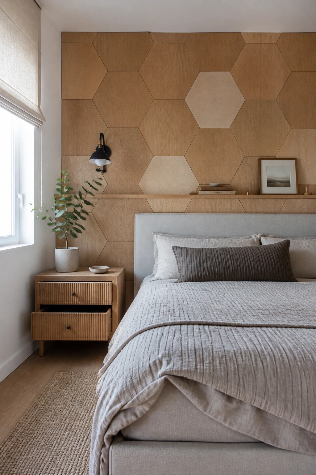 A bedroom with a light wood hexagonal panel wall above a bed dressed in neutral linens and a gray headboard.
