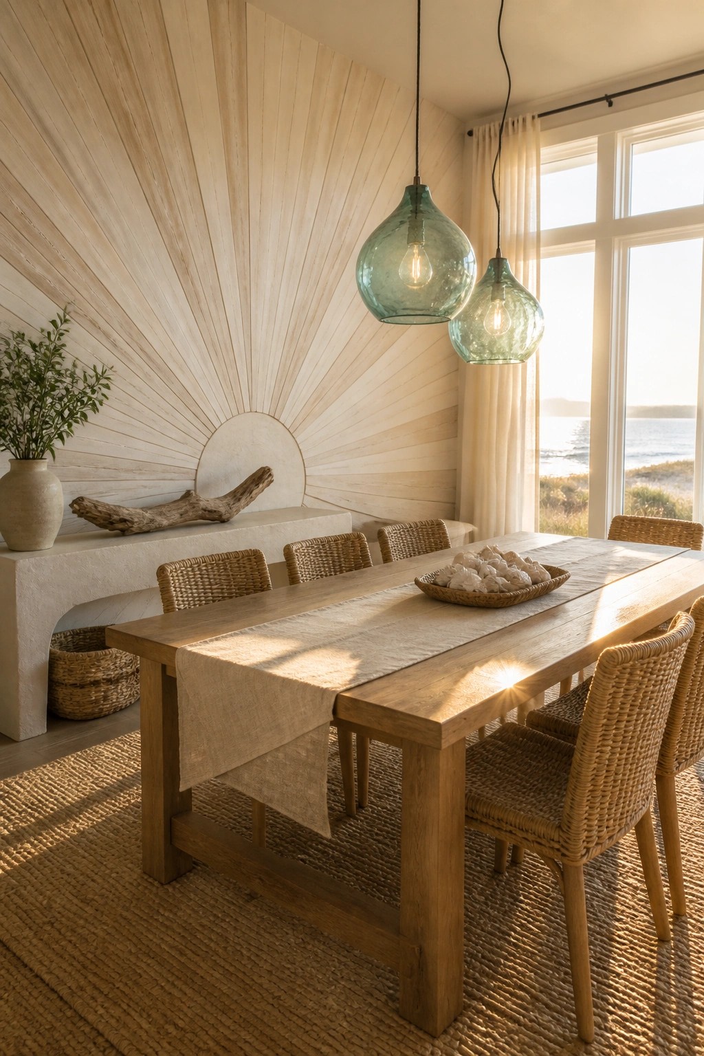 A dining room featuring a large radial wood wall design with a sunburst pattern, a wooden table with woven chairs, two glass pendant lights, and an ocean view through the window.