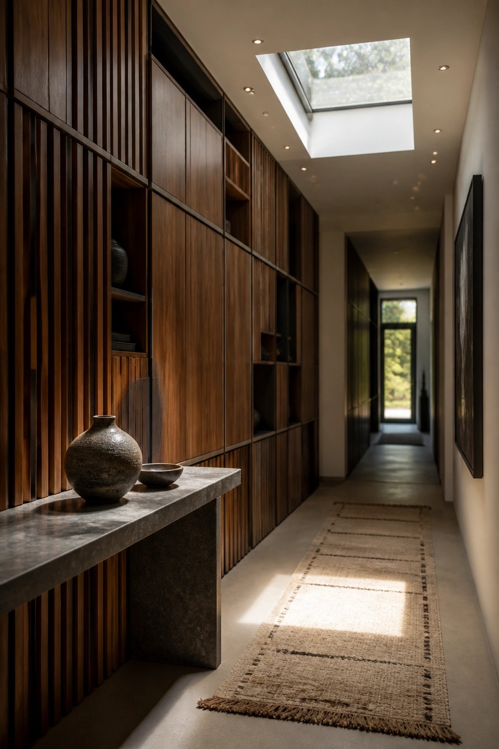 A narrow interior hallway lined with dark vertical wood slat walls that include built-in shelving, a stone bench holding two ceramic vessels, a long woven runner on the floor, and a large skylight overhead.