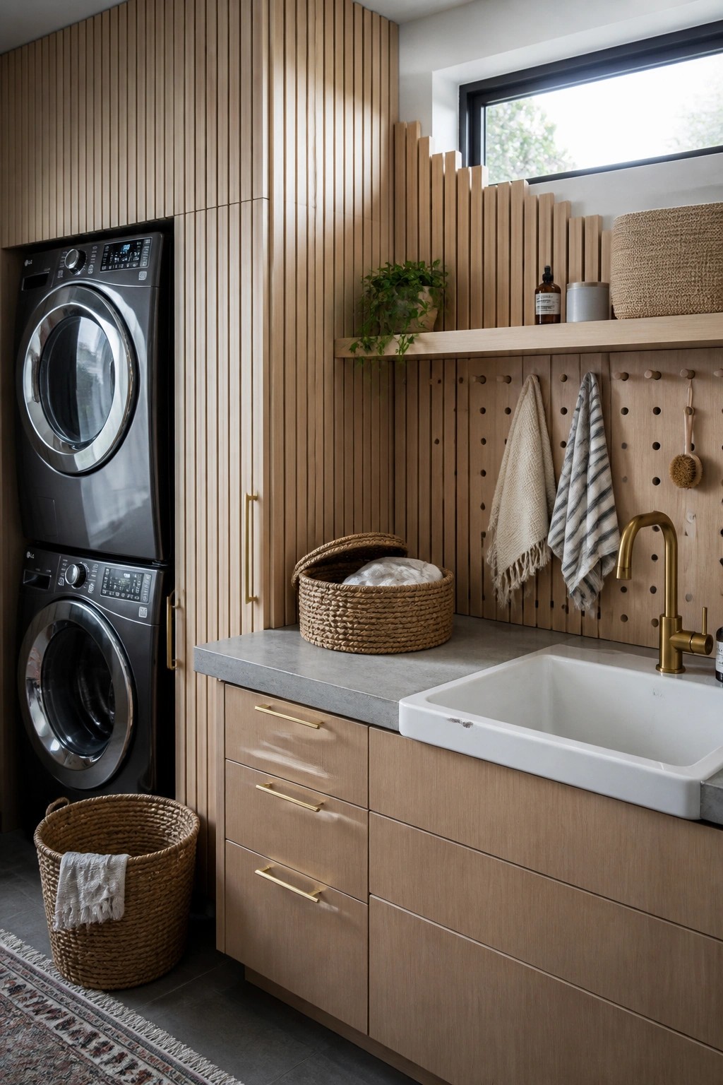 A laundry room with vertical wood slat walls, stacked washer and dryer, a white sink with brass faucet, and woven storage baskets.